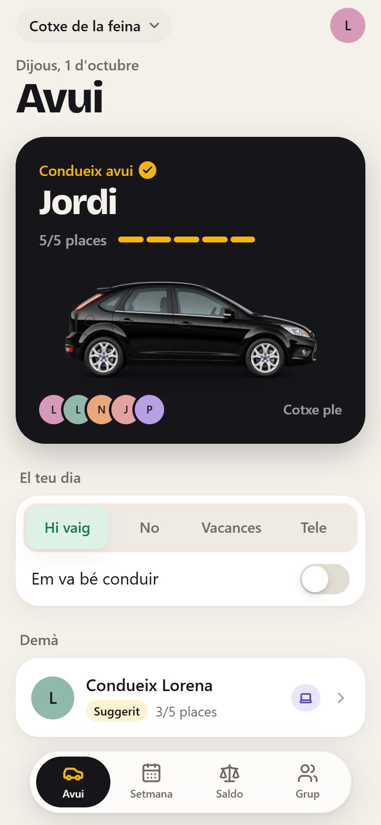 Captura de QuiCondueix: Avui: qui condueix i amb quin cotxe